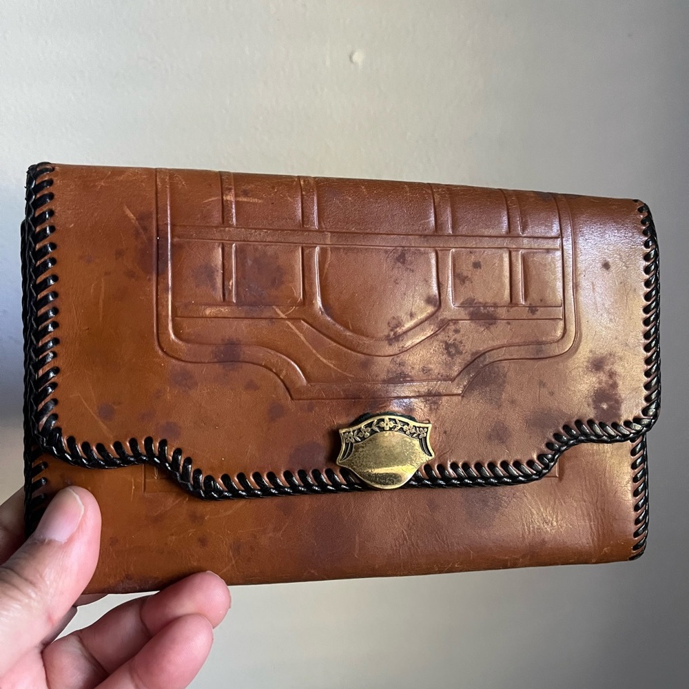 Vintage Worn Distressed Tooled Leather Wallet Handbag Purse Thrashed Faded Brass